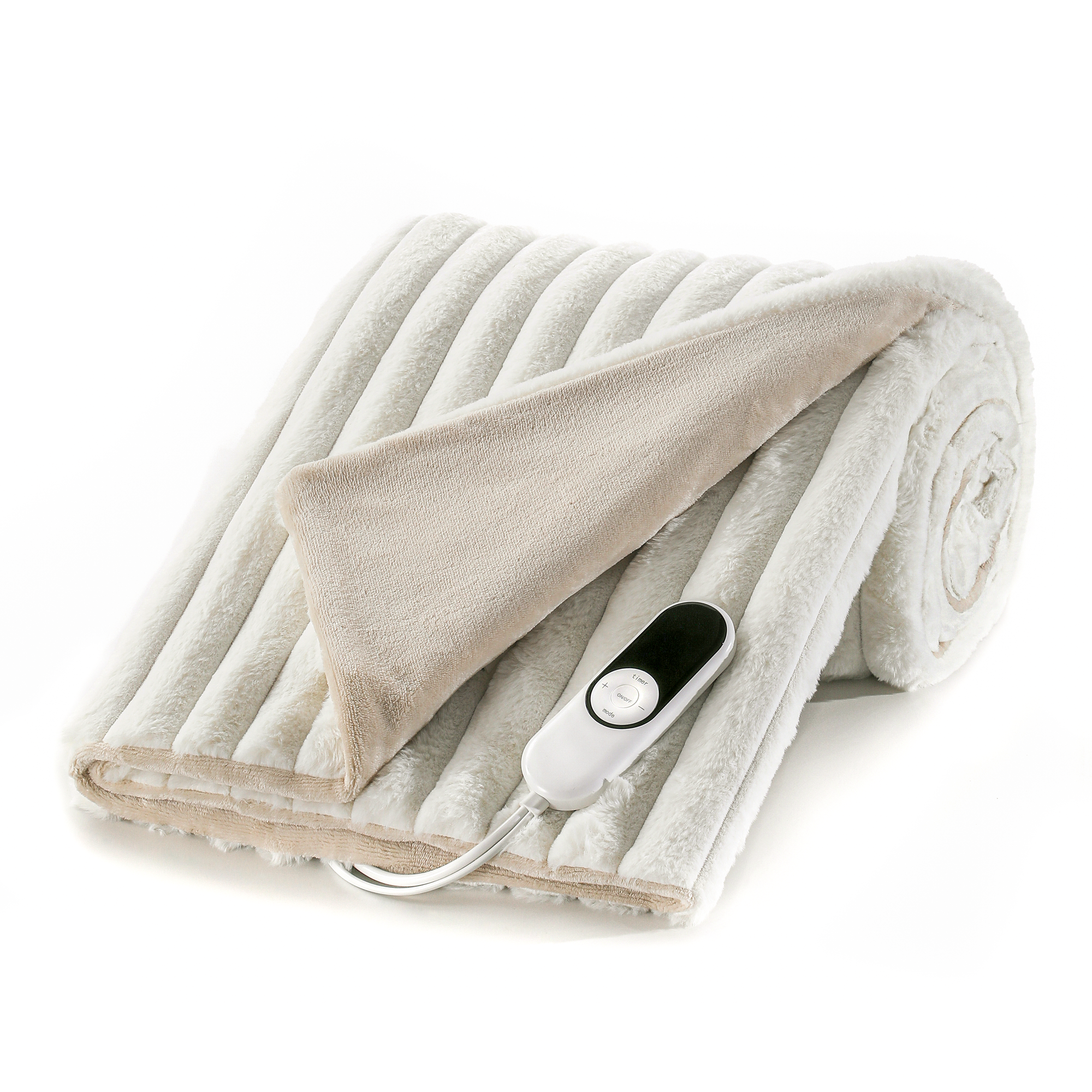 Ivory Faux Rabbit Fur & Beige Flannel Heated Throw